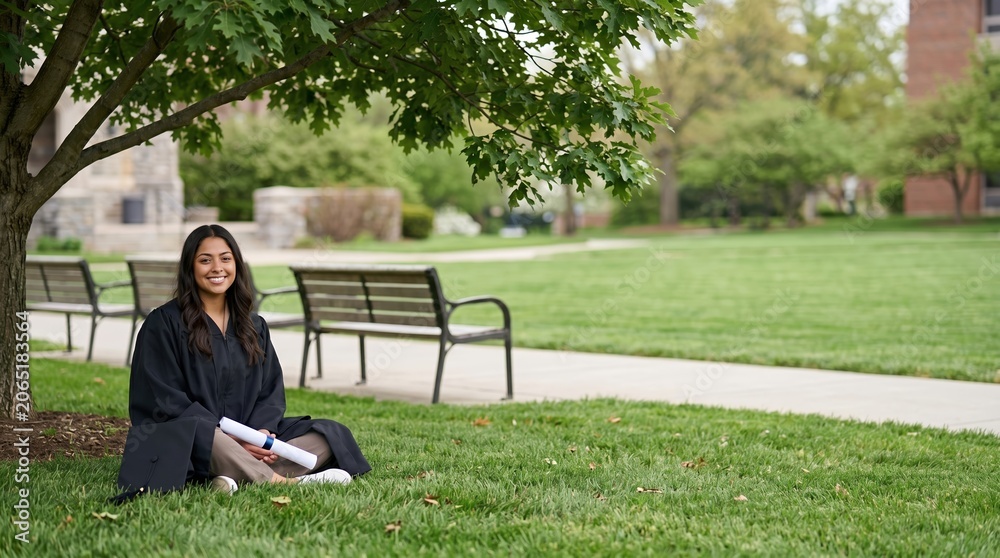 Fototapeta premium Young woman in graduation gown sitting under tree on campus lawn