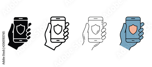 Photos Hands holding mobile phones with shield icons on screens for security and protec