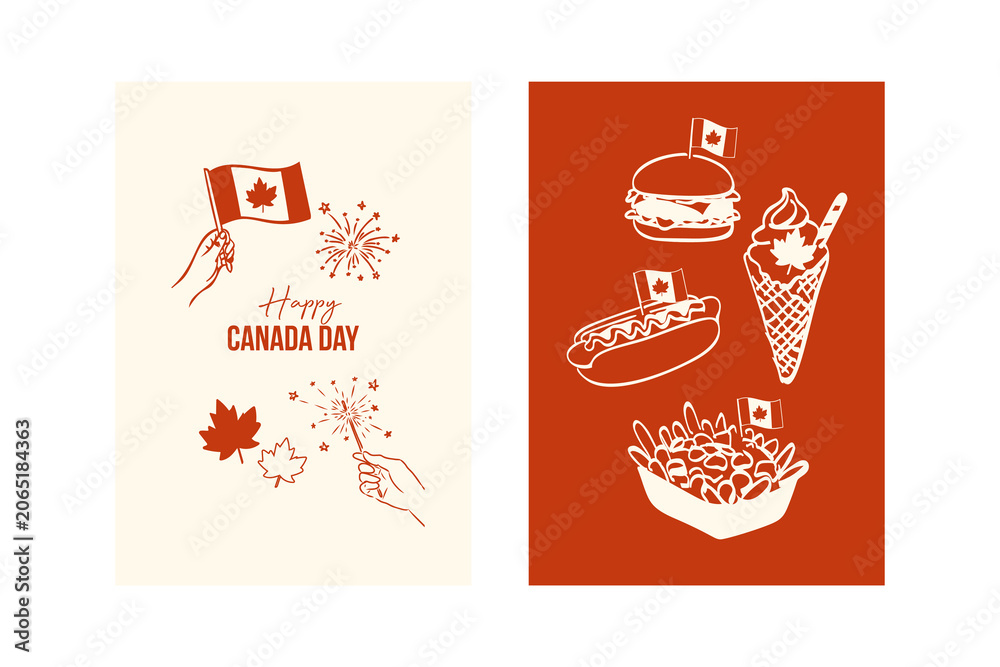 Fototapeta premium Canada day celebration with flag, fireworks, and iconic Canadian food illustrations