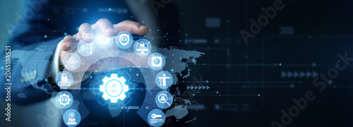 Security expert holding structure graph of Access Management. Corporate manager analyzing identity authentication and secure data growth chart on hologram screen. Modern business strategy.