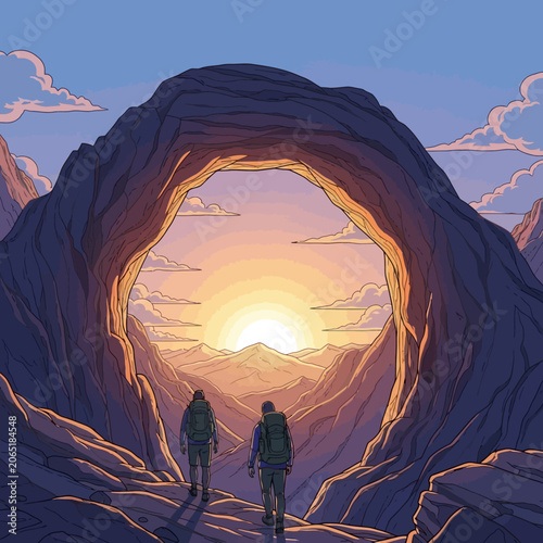Two People Hiking Towards a Majestic Natural Arch in a Rocky Landscape at Sunset, Feeling Wonder and Awe