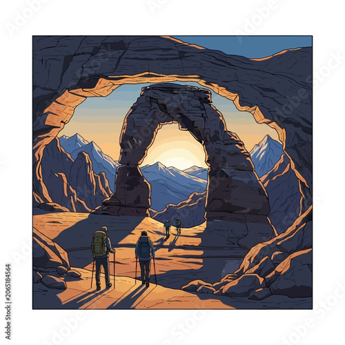 Two People Hiking Under a Grand Natural Arch with Distant Snowy Mountains and Clear Sky, Feeling Inspired and Exploratory