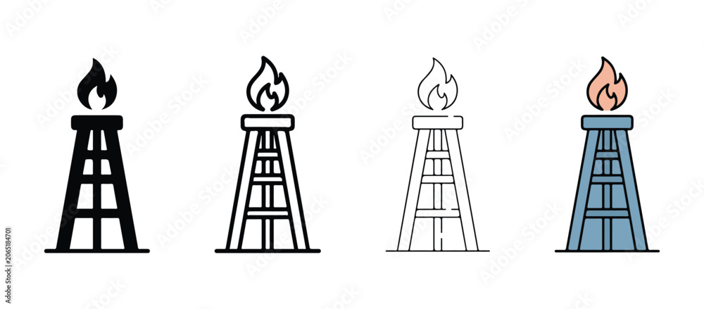 Fototapeta premium Oil rigs with flames on top in different colors and line styles for industry and energy concepts oil rigs with flames on top in different colors and line styles for industry and energy concepts