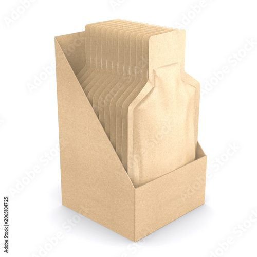 Blank Sachet Box Display with Multiple Stand-Up Pouches. Realistic 3D illustration of an open retail carton box containing a series of blank sachet pouches arranged vertically. Clean white packaging.
