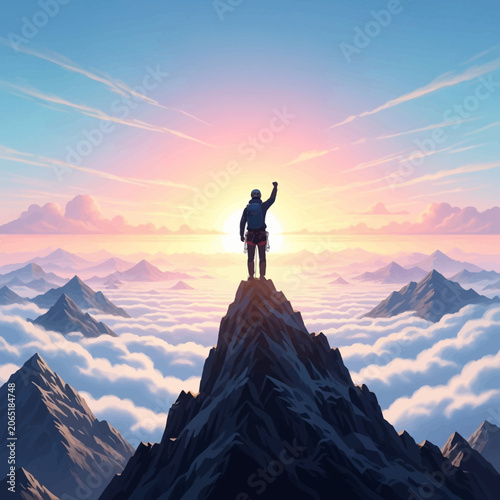 Person Standing Victoriously on a Mountain Peak Above Clouds at Sunrise, Feeling Inspired and Empowered