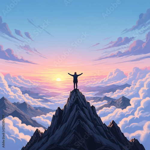 Person Standing Triumphantly on a Mountain Peak Above Clouds at Sunset, Feeling Accomplished and Free
