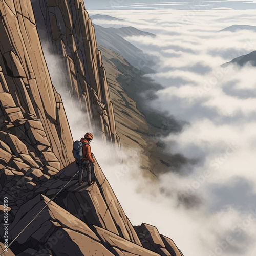 Man Rappelling Down a Steep Cliff Face with Foggy Mountains Below, Feeling Determined and Adventurous