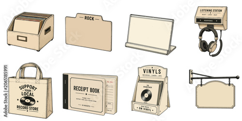 Record Store Collection with Record Bin Divider Display Stand Listening Station Headphones and Store Signboard