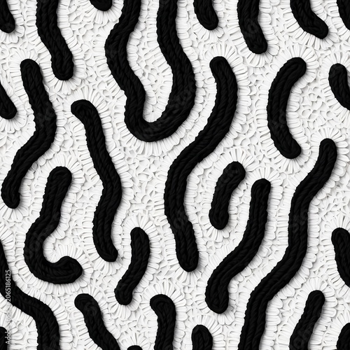 3D Textured Black Squiggle Lines on White Macrame Fabric Background