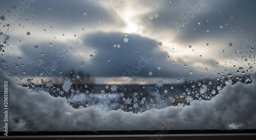 Winter weather view through frosted window with snow and sunlight
