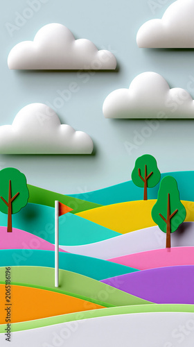 Colorful paper cut landscape featuring a stylized golf course with trees, mountains, clouds and a golf flag in a creative 3D design.