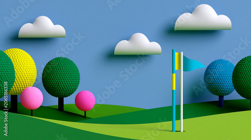 Colorful paper cut landscape featuring a stylized golf course with trees, mountains, clouds and a golf flag in a creative 3D design.