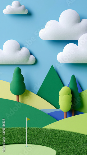 Colorful paper cut landscape featuring a stylized golf course with trees, mountains, clouds and a golf flag in a creative 3D design.