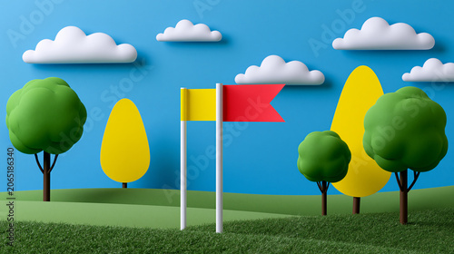 Colorful paper cut landscape featuring a stylized golf course with trees, mountains, clouds and a golf flag in a creative 3D design.