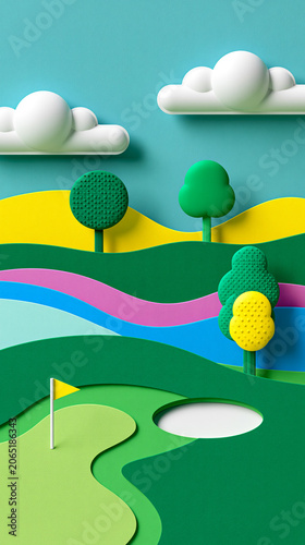 Colorful paper cut golf course landscape with rolling hills, trees, clouds and a flag in a creative miniature design.