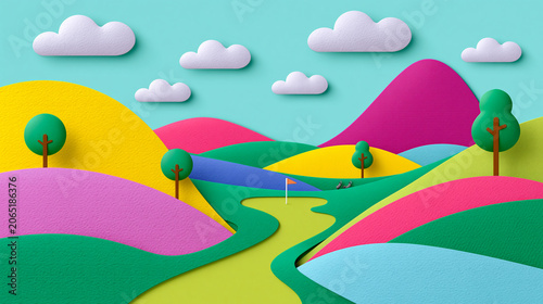 Colorful paper cut golf course landscape with rolling hills, trees, clouds and a flag in a creative miniature design.
