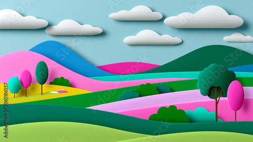 Colorful paper cut golf course landscape with rolling hills, trees, clouds and a flag in a creative miniature design.