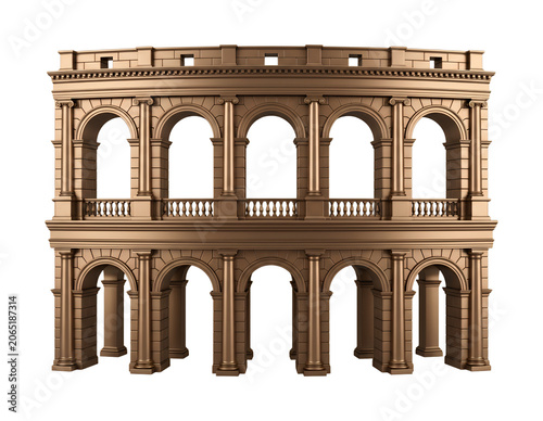 Bronze neoclassical architectural facade with columns and arches isolated on transparent background