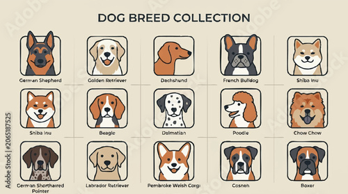 Fotografía Collection of Different Dog Breeds Faces.
