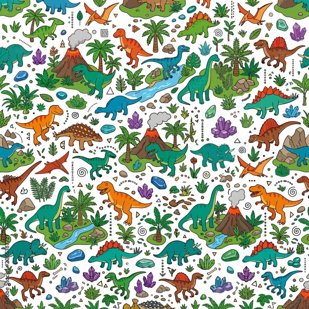 Obraz premium Vibrant dinosaurs roam amidst lush prehistoric landscape with volcanoes and plants in a seamless pattern design.