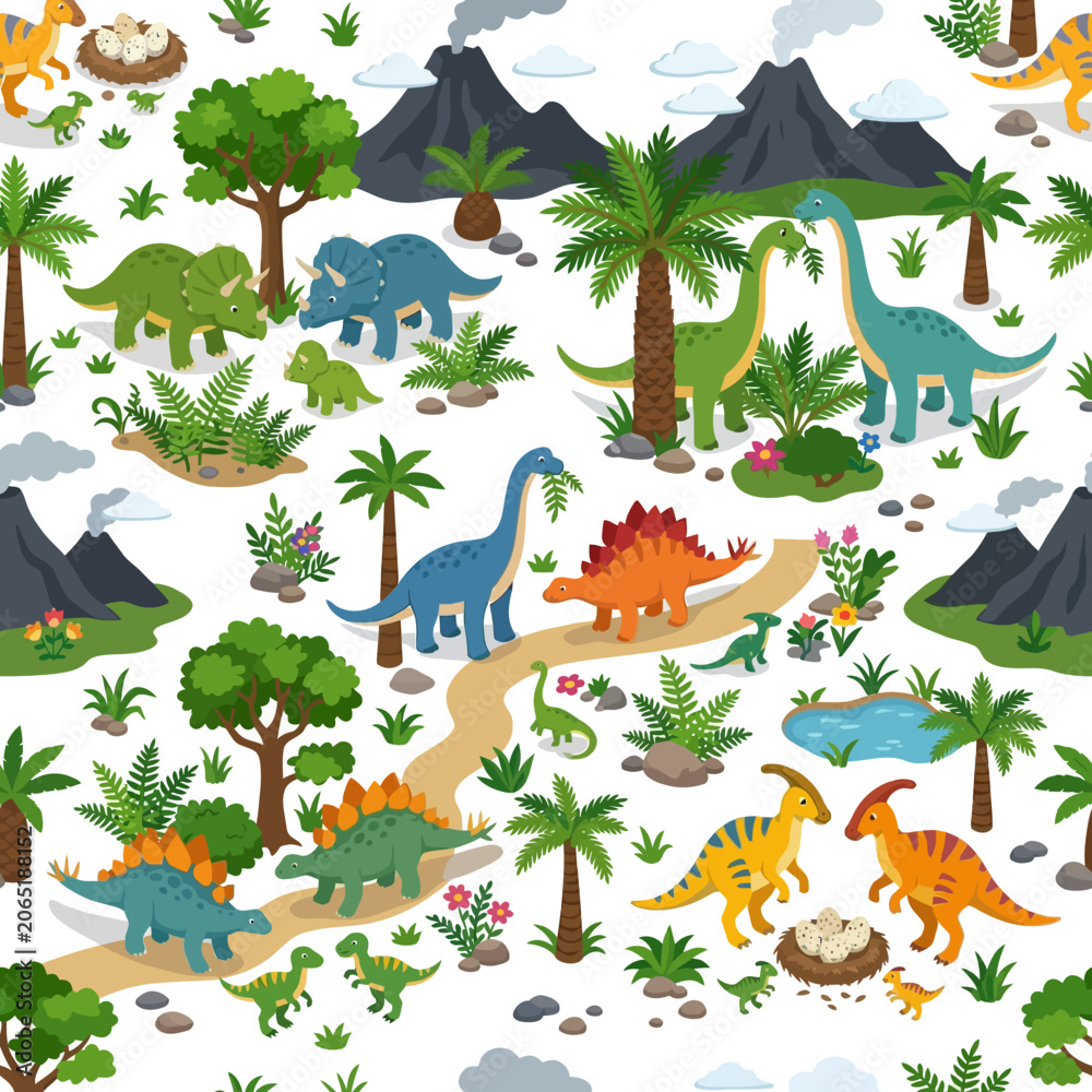 Obraz premium Dinosaur families interact peacefully in a prehistoric landscape with volcanoes and lush vegetation.