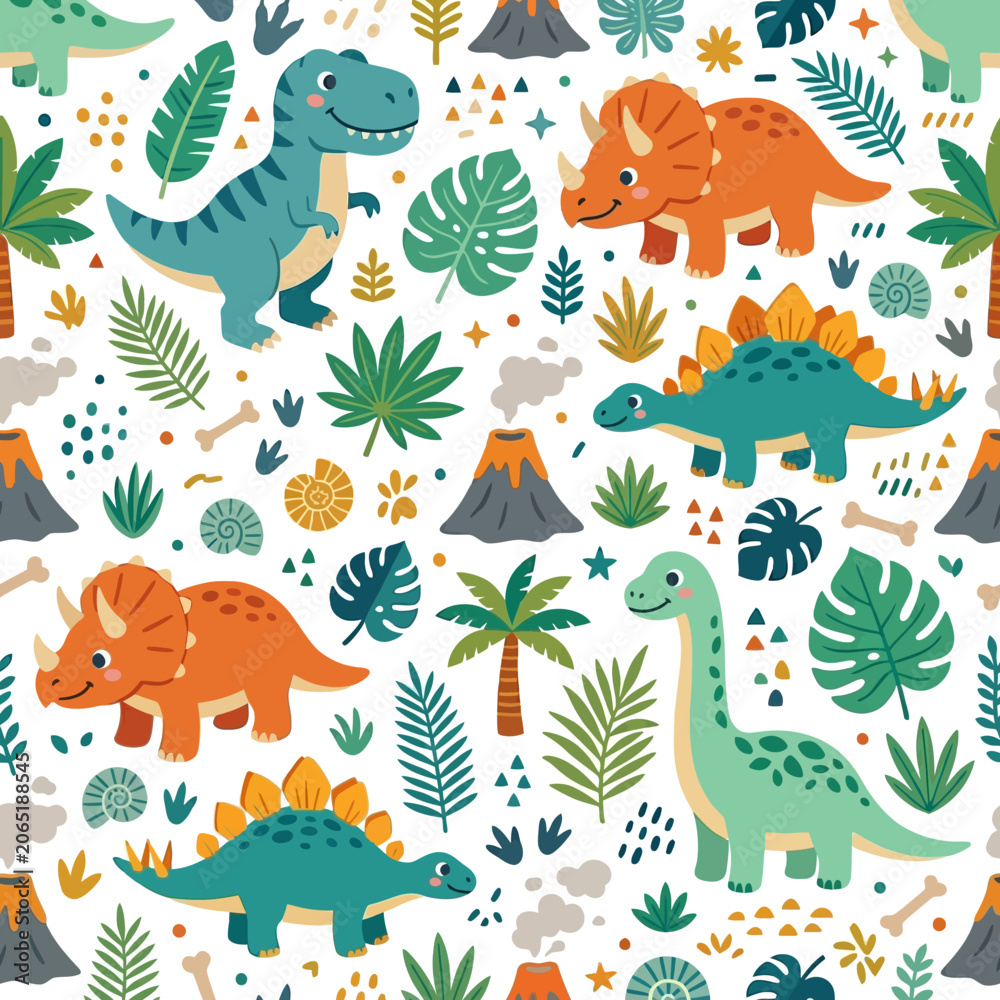 Obraz premium Colorful illustration of dinosaurs and prehistoric elements in a vibrant pattern with volcanoes and tropical leaves on a white background.