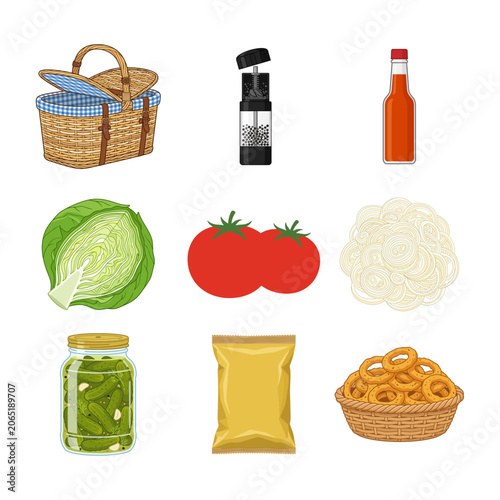 Schilderij op canvas Picnic Basket Food Ingredients Set Featuring Fresh Vegetables Snacks and Condime