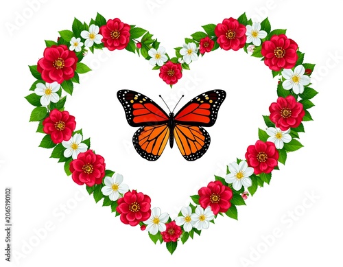 A heart-shaped floral arrangement with a butterfly