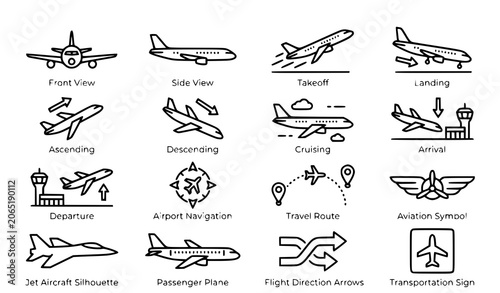 Airplane Icon Set with Flight Transport Aviation Travel Pictograms Vector Collection