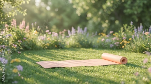 A yoga mat is rolled out on a lush green lawn surrounded by blooming flowers and trees, bathed in soft sunlight.