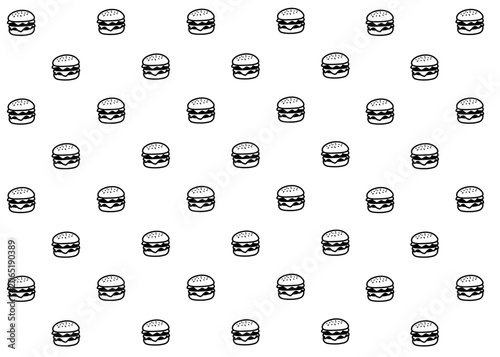 Seamless burger. Fast food illustration pattern. Food packaging, menu illustration. Restaurant. White background