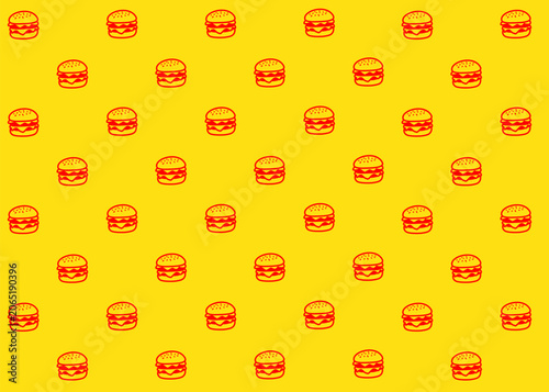 Seamless burger. Fast food illustration pattern. Food packaging, menu illustration. Restaurant. Yellow background