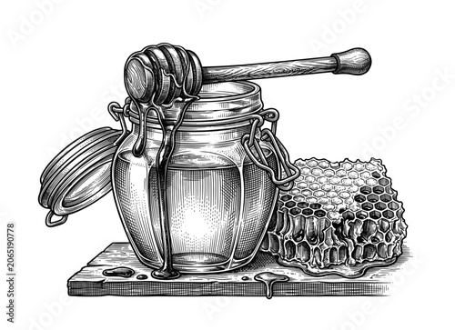 Schilderij op canvas Honey jar with dipper and honeycomb texture, vintage engraved illustration