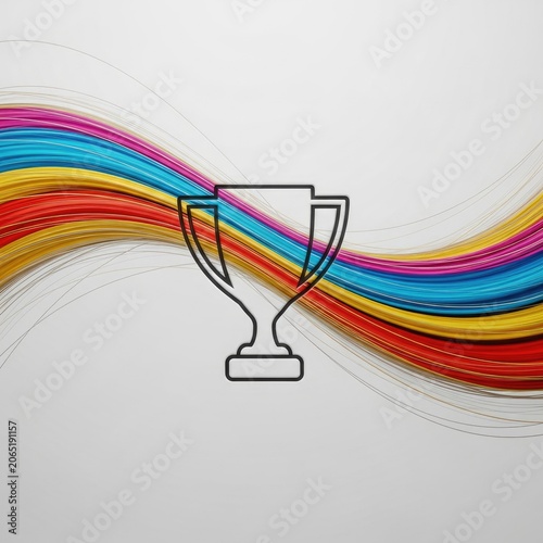 Trophy Outline with Vibrant Wavy Lines on White Background.