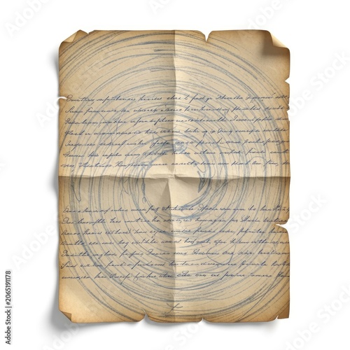 Old folded paper with handwritten text and circular drawing, isolated on white background.