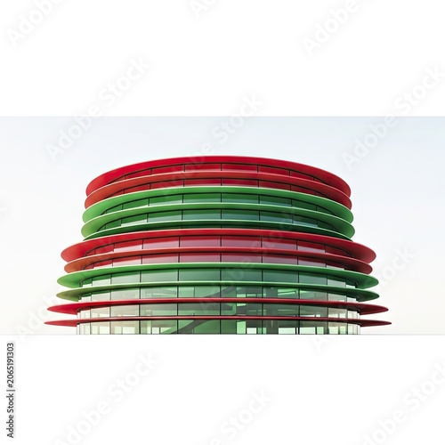 Modern Circular Building with Red and Green Facade Against White Sky.