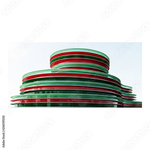 Abstract Stacked Red and Green Glass Plates on White Background.