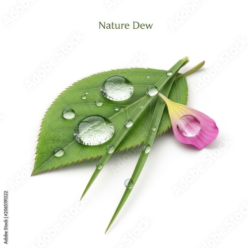 Fresh Morning Dew Drops on Green Leaves and Pink Petal.