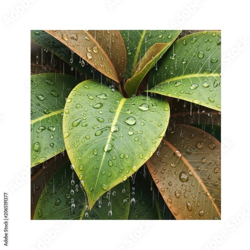 Lush green leaves with glistening raindrops after a refreshing shower.