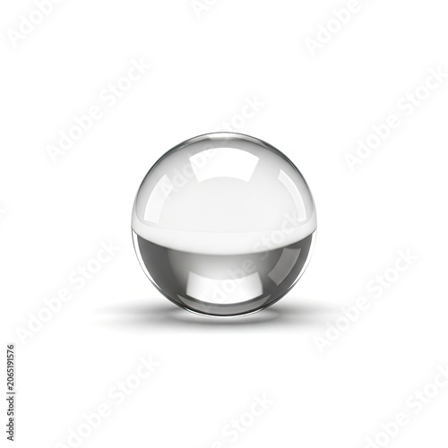 Clear Glass Sphere with Subtle Reflection on White Background.