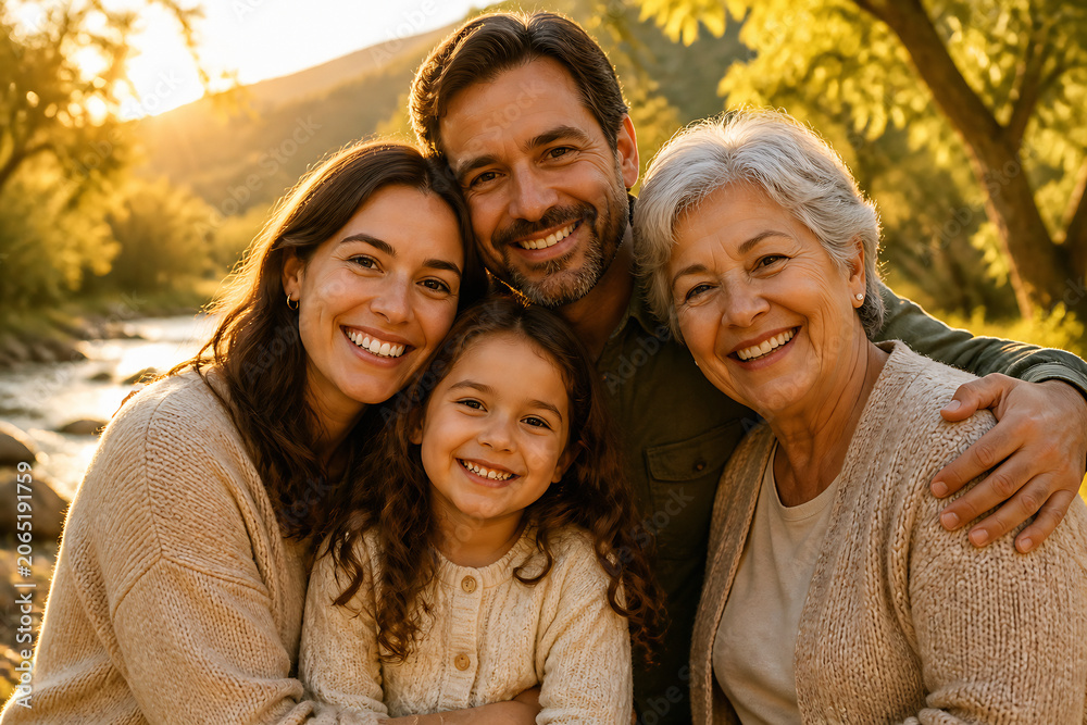 Obraz premium A smiling family of four—two adults and two children—is posing outdoors in a sunny, natural setting.
