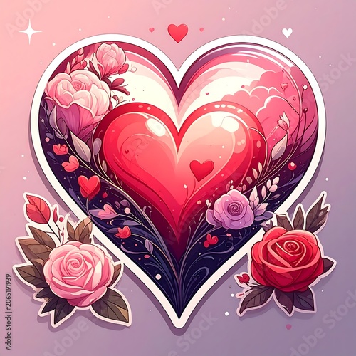 A heart-shaped graphic with roses and smaller hearts on a pink-purple gradient background