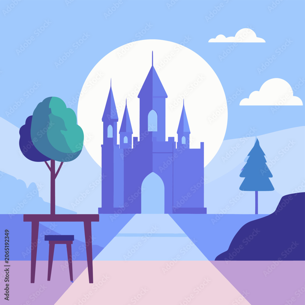 Fototapeta premium Whimsical castle scene with table, trees, and moon