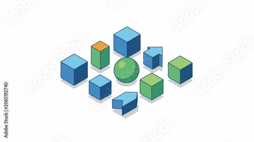 Isometric blocks and sphere in blue, green, and orange