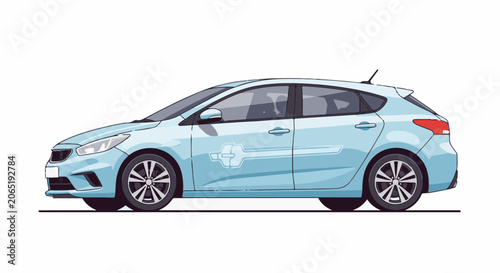 Light blue hatchback car illustration with sleek design and silver rims