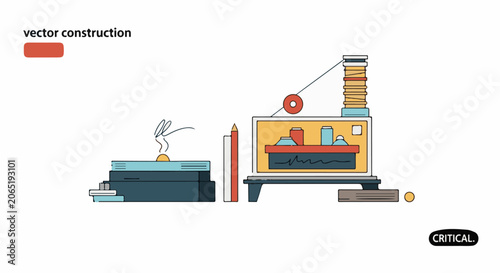Vector illustration of a construction site with a computer and printer