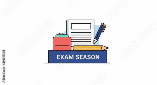 A blue box displaying 'EXAM SEASON' with school supplies on top