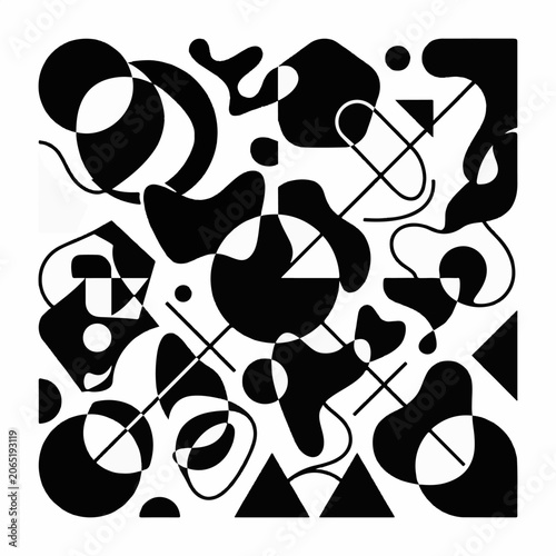 A black and white abstract composition featuring various shapes
