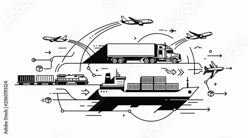 A black-and-white illustration of various transportation vehicles and containers