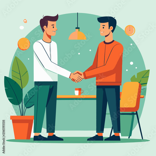 Two men shake hands in a modern office setting